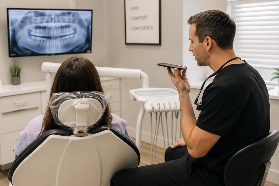 A dentist dictating a referral into a phone chairside, with the patient's panoramic X-ray on screen