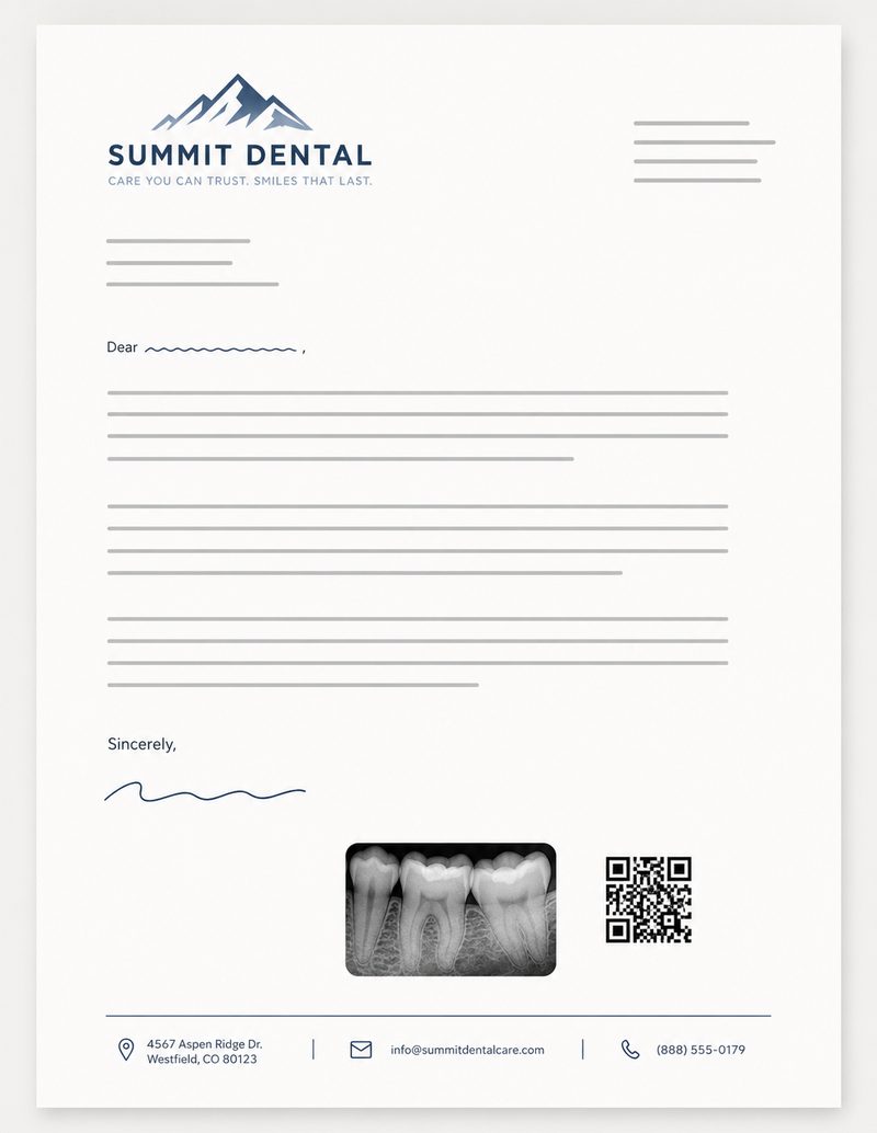 A finished referral letter with an attached X-ray and a QR code the specialist can scan to listen